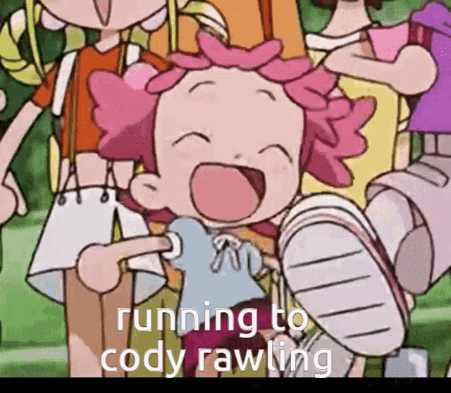 a cartoon girl with pink hair is smiling and running to cody rawling