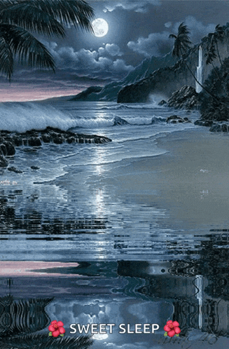 a painting of a beach at night with the words sweet sleep above it