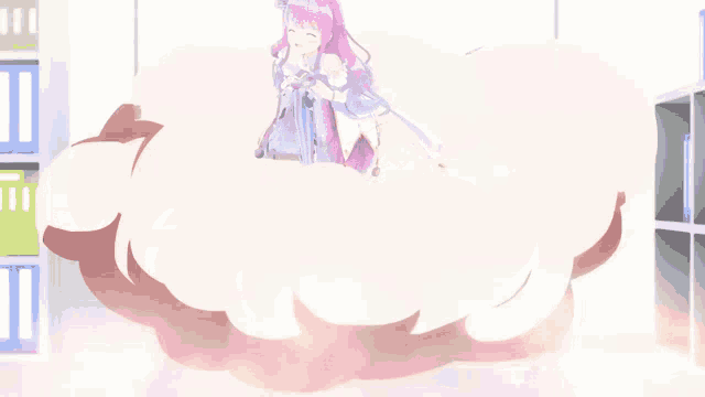 a girl with pink hair is sitting in a cloud