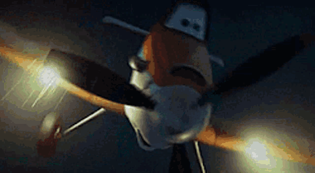 a cartoon plane is flying in the dark with a light coming out of its wings