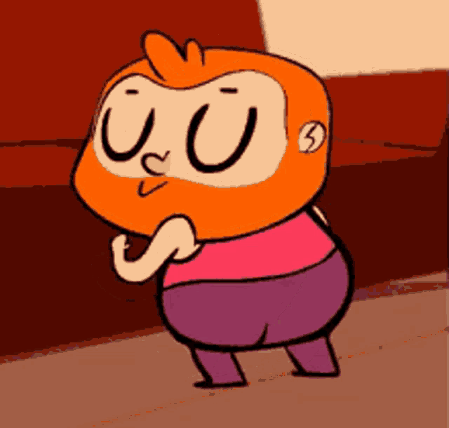 a cartoon character with an orange head and purple pants is standing in front of a couch