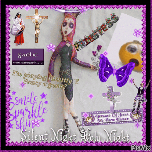 a picture of a doll with the words " silent night holy night " on the bottom