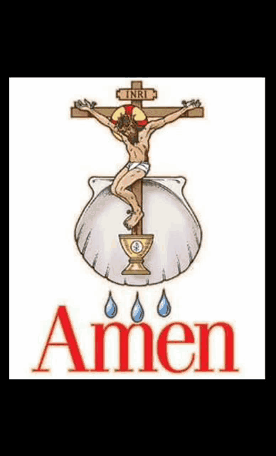 a drawing of jesus on a cross with the words amen below it
