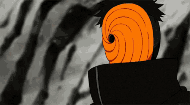 a black and white drawing of a person with an orange mask on