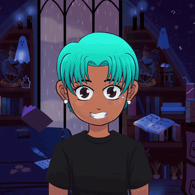a girl with blue hair is standing in front of a shelf with books and a crest that says gryffindor on it