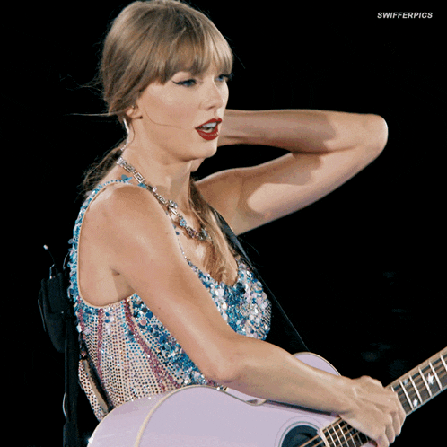 a woman playing a guitar with swifter pics written on the bottom