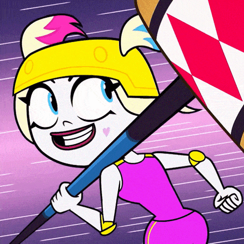 a cartoon character with a yellow helmet is holding a sword
