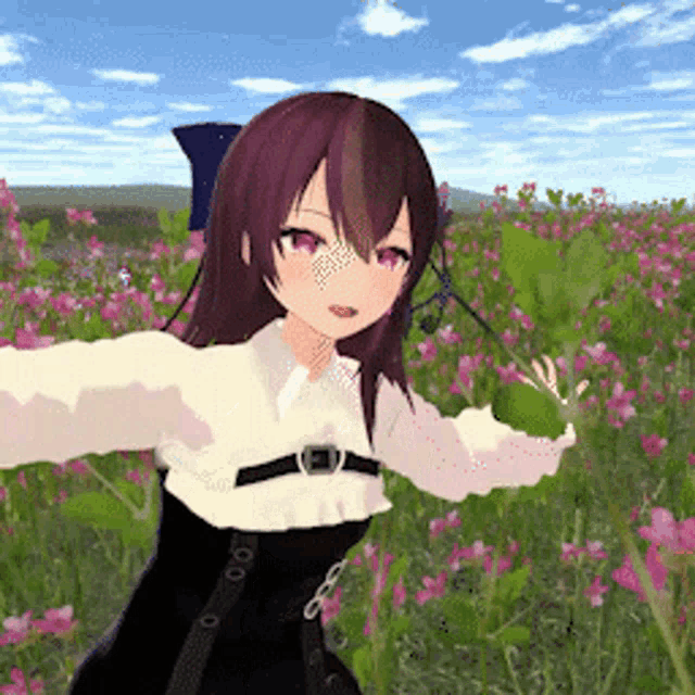 a girl in a black dress is standing in a field of pink flowers