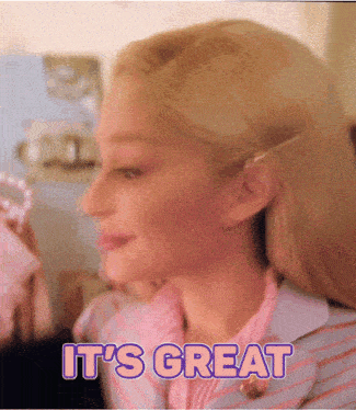 a woman in a pink and blue striped suit with the words it 's great