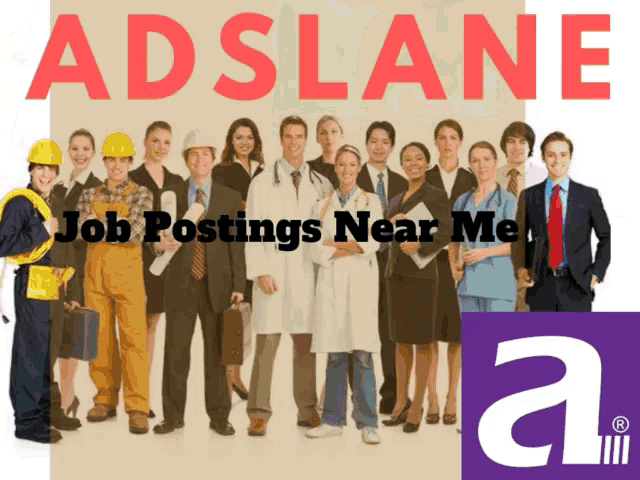 a group of people standing in front of an ad for adslane