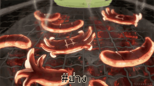a bunch of sausages are cooking on a grill and the words terranqueen are above it