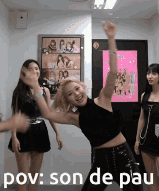 a group of young women are dancing in a room with the caption pov son de pau