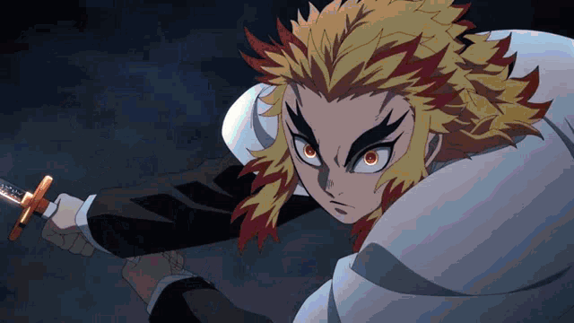 a close up of a person holding a sword with red eyes