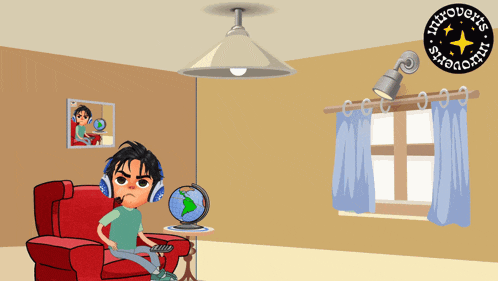 a cartoon of a boy sitting on a couch with headphones and a sign that says introverts