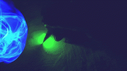 a person is standing in front of a green and blue light ..