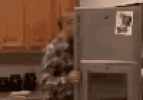 a blurry picture of a man standing in front of a refrigerator in a kitchen .