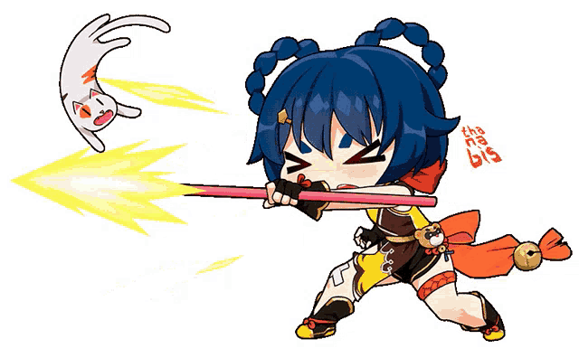 a cartoon drawing of a girl holding a sword and a cat with the word bis on the bottom