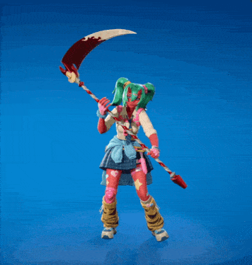 a girl with green hair is holding a red scythe on a blue background