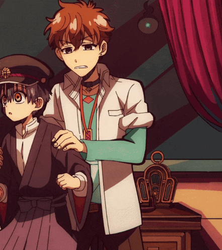 two anime characters are standing next to each other in a room with a clock in the background