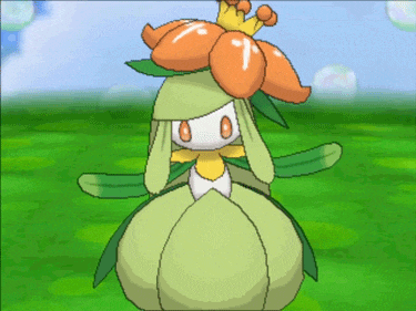 a cartoon character with green leaves and orange flowers