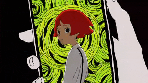 a cartoon of a girl with red hair standing in front of a phone with a spiral on it .