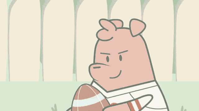 a cartoon drawing of a bear holding a football with the letters eeee on it