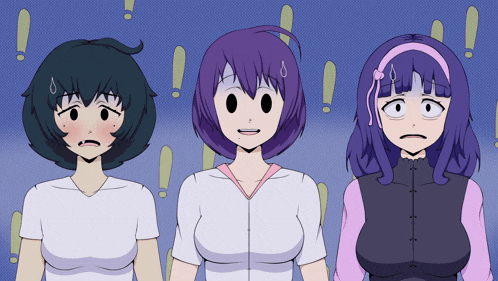 three anime girls with purple hair are standing next to each other with exclamation points in the background