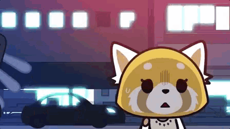 a cartoon of a raccoon standing on a street with a car in the background