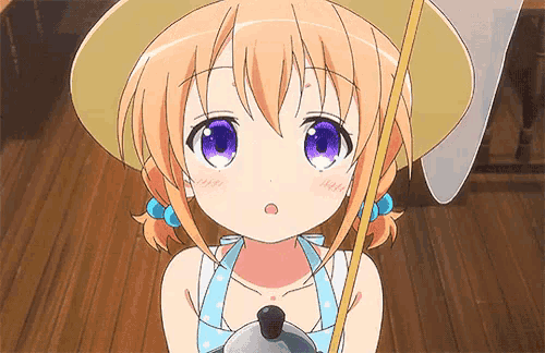 a girl with purple eyes is wearing a straw hat and apron