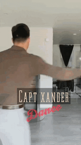 a man standing in a room with the words capt xander dance written on the bottom