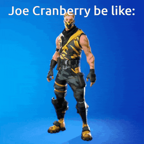 a man in a yellow and black outfit is standing in front of a blue background with joe cranberry be like written on it