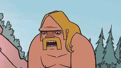a cartoon of a naked man with a mustache and long blonde hair standing in the woods .