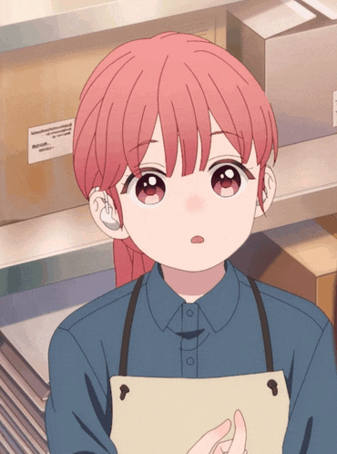 a girl with pink hair and a blue shirt is wearing an apron