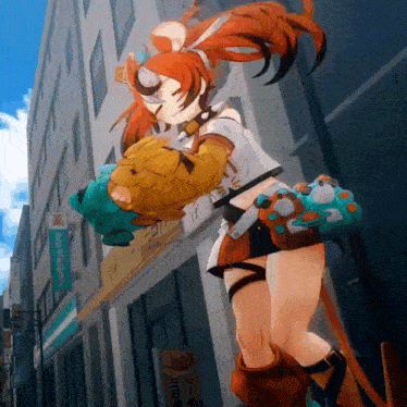 a girl with red hair is holding a stuffed animal in front of a building with chinese writing