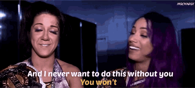 a woman with purple hair says " and i never want to do this without you you won t "