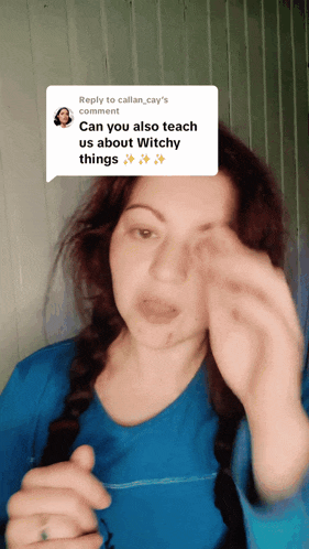 a woman in a blue shirt says " can you also teach us about witchy things " in a speech bubble
