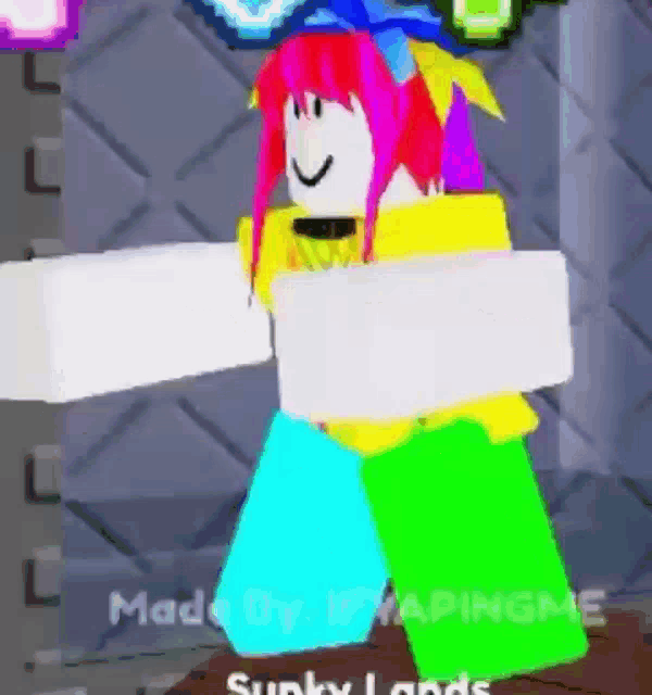 a girl with pink hair is standing in a room holding a white block .