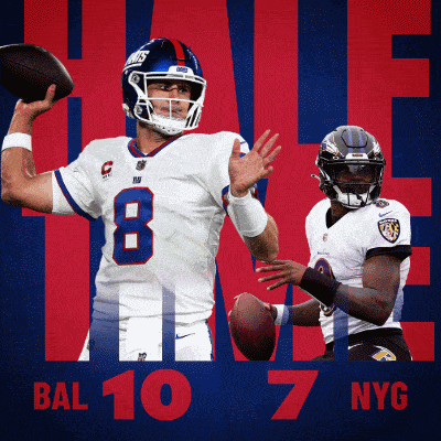 an advertisement for bal 10 and 7 nyg shows a giants player throwing a football