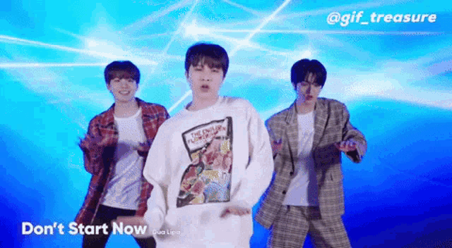 three young men are dancing in front of a blue background with the words " don 't start now " written on the bottom