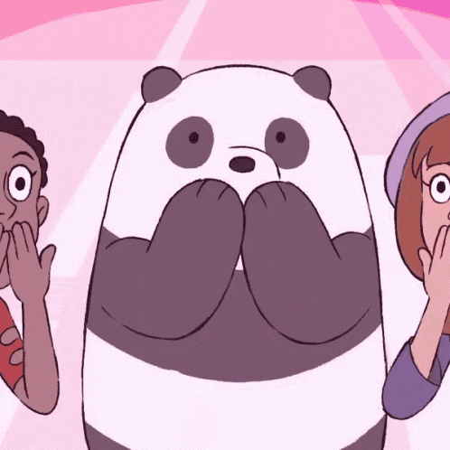 a cartoon of a panda bear with two girls covering their mouths