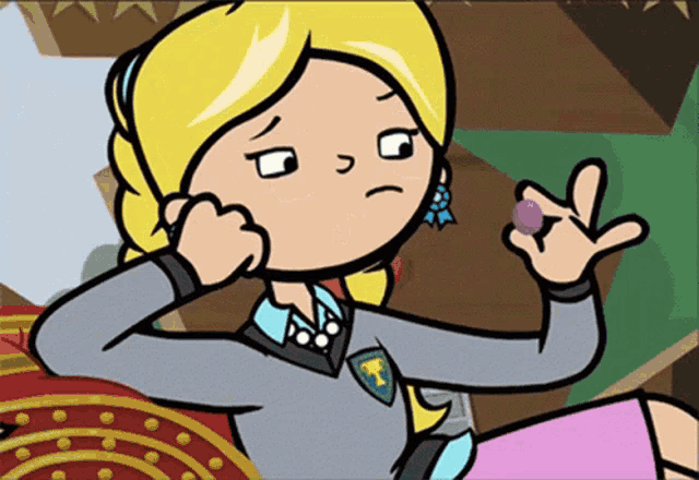 a cartoon of a girl with a trophy on her chest giving the ok sign