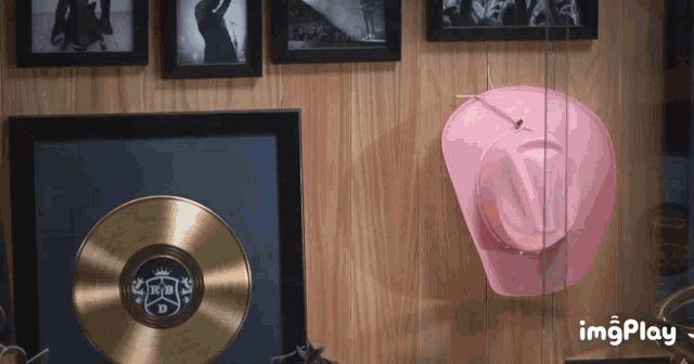a pink cowboy hat is hanging on a wooden wall next to a gold record