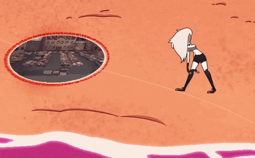 a cartoon drawing of a girl standing in front of a large circle