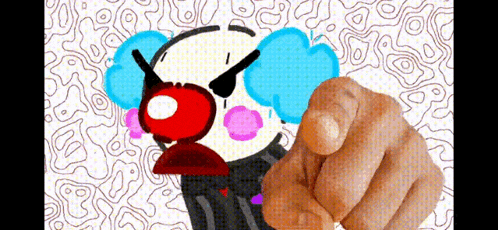 a hand is pointing at a cartoon clown with a red nose .
