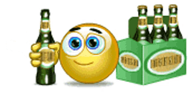 a smiley face is holding a beer bottle next to a six pack of beer