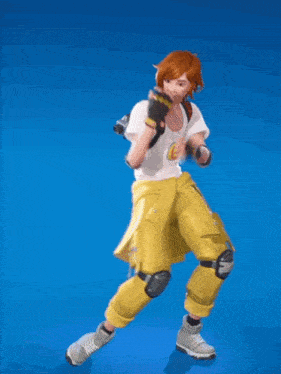 a girl in yellow pants and a white shirt with the number 6 on it is standing on a blue background