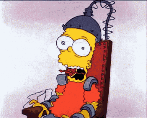 bart simpson is sitting in a chair with a chainsaw .