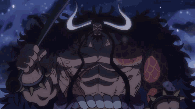 a cartoon drawing of a man with horns holding a sword