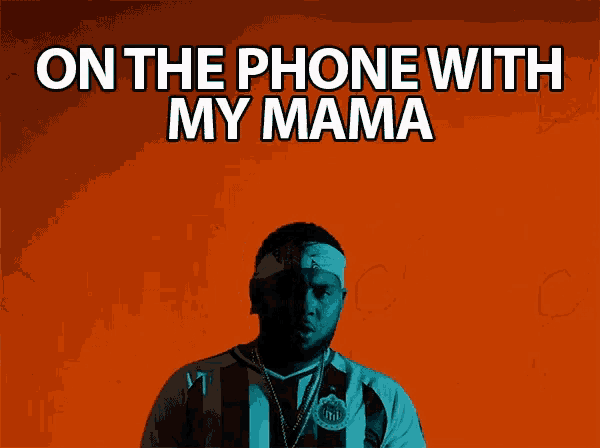 a man wearing a headband stands in front of an orange background with the words " on the phone with my mama "