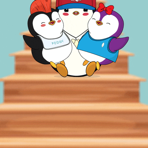 three penguins with one wearing a shirt that says pddgv